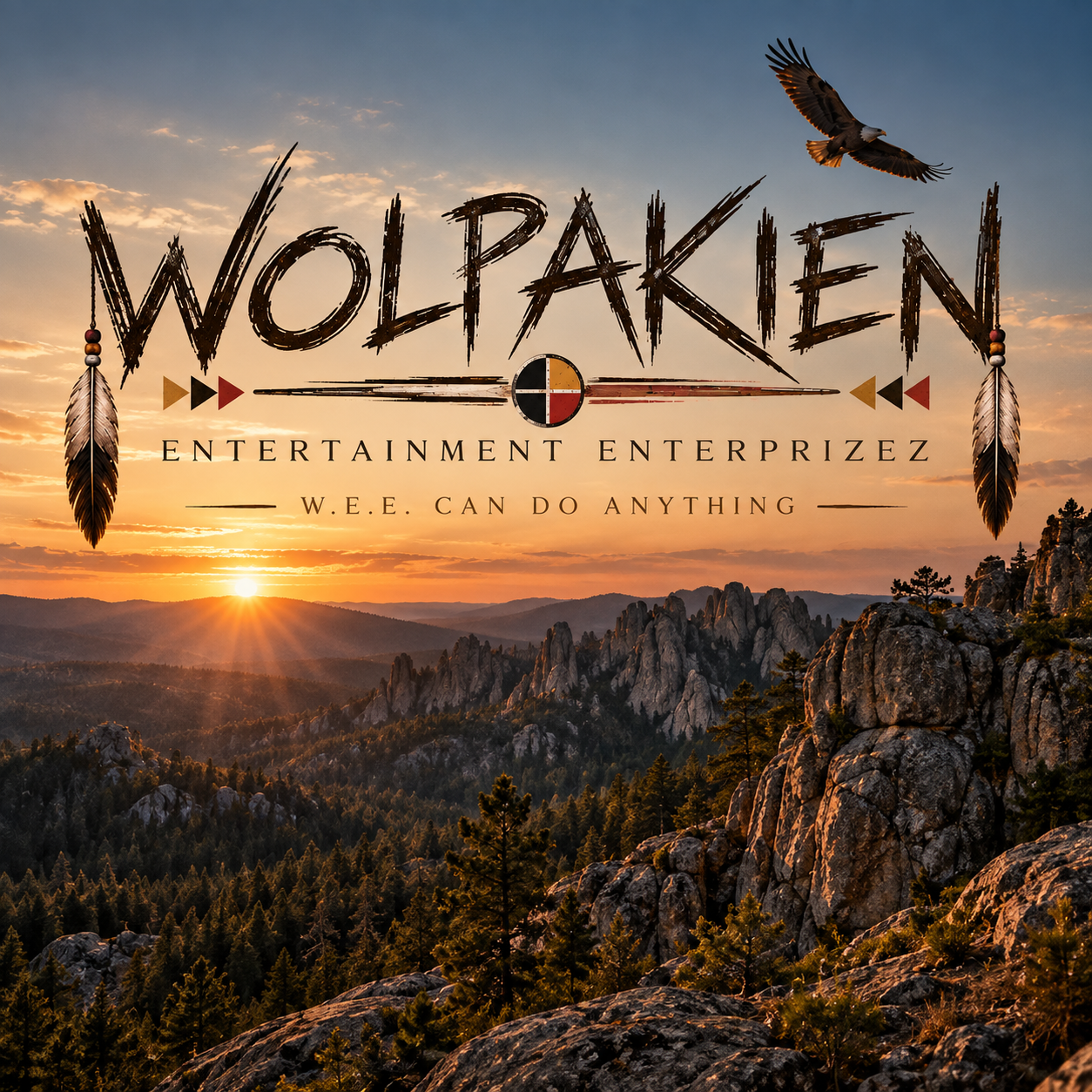 Wolpakien Entertainment Enterprizez emblem over a golden Black Hills sunset